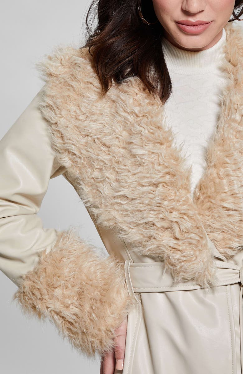 GUESS Faux Leather & Faux Fur Coat, Alternate, color, White
