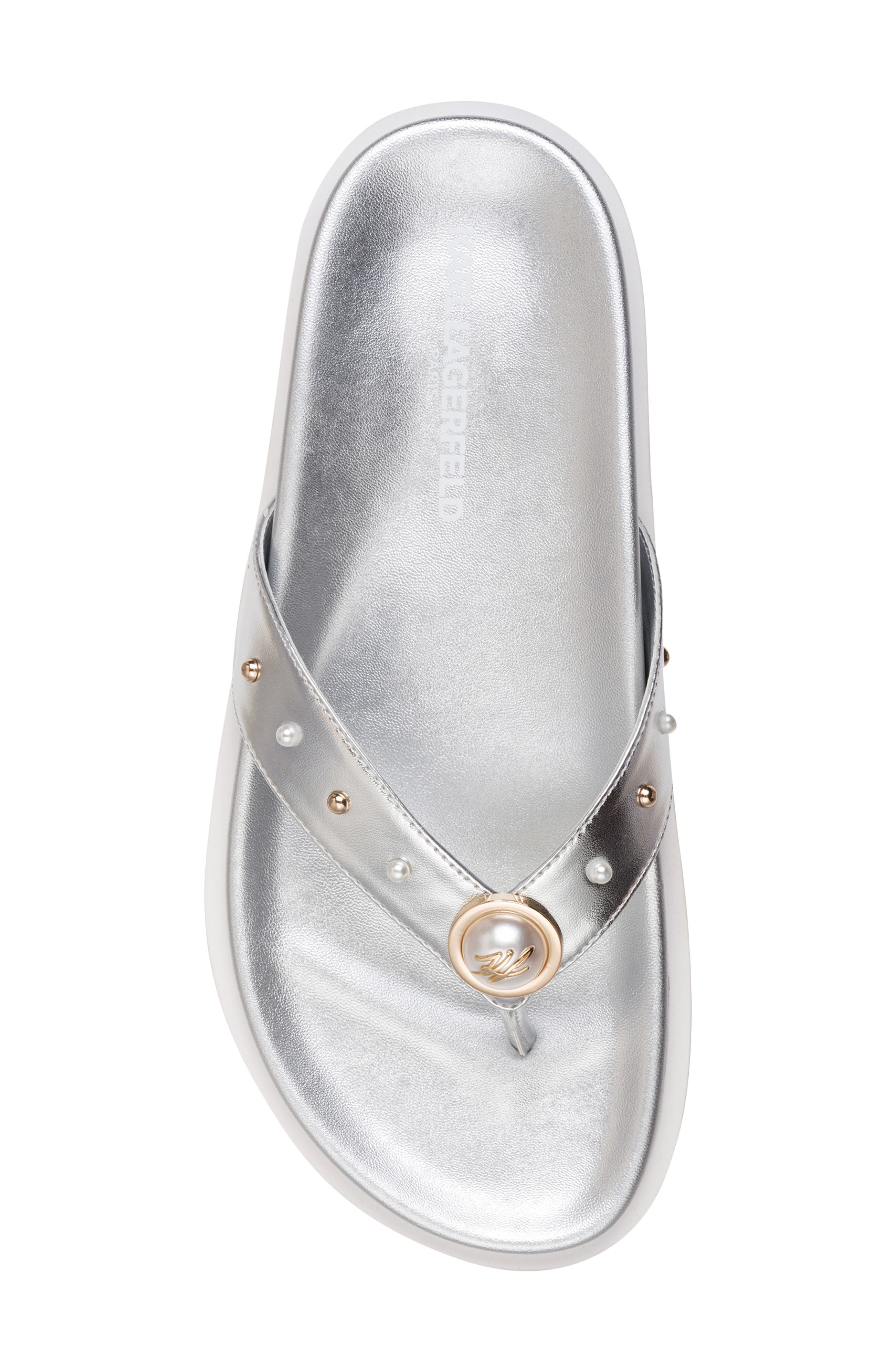 KARL LAGERFELD PARIS Hayze Faux Pearl Lined Thong Flip Flop, Alternate, color, Silver