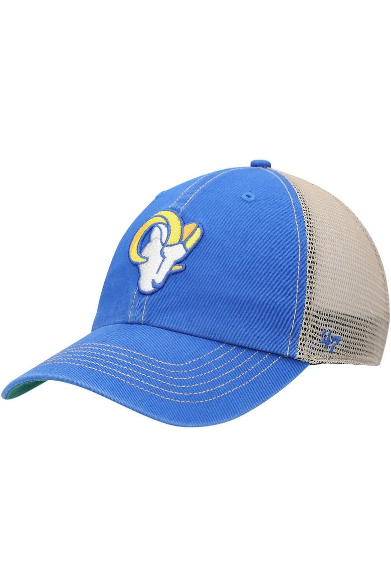 Men's '47 Royal/Natural Los Angeles Rams Head Trawler Trucker Clean Up Snapback Hat, Main, color, Royal