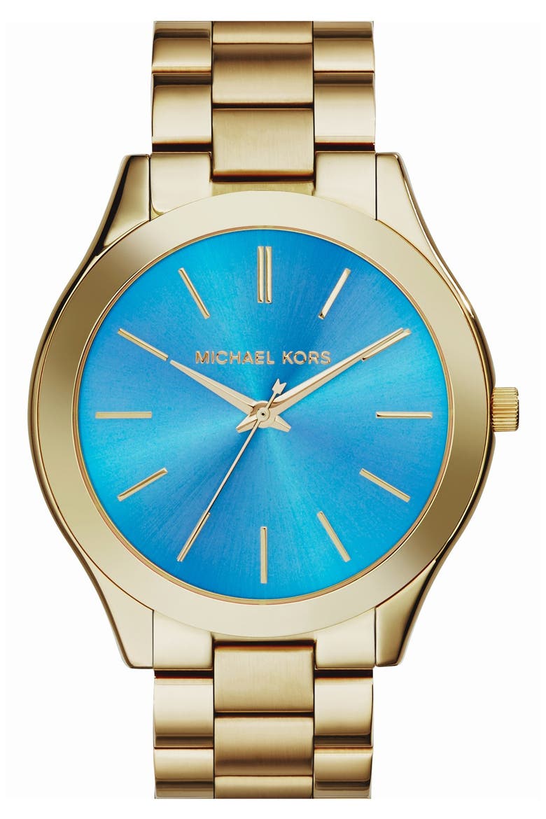 'Slim Runway' Bracelet Watch, 42mm, Main, color, GOLD/ BLUE
