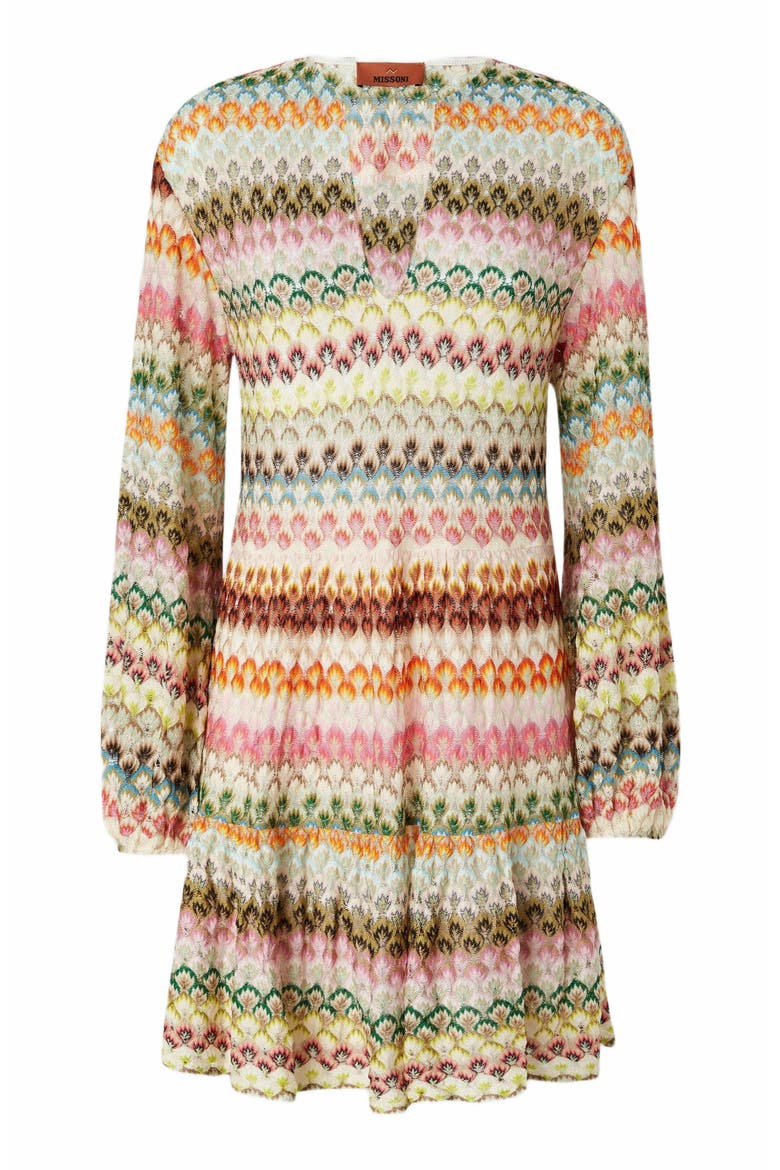 Long Sleeve Short Dress With Zig Zag Lace Pattern, Alternate, color, Multicoloured