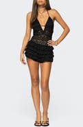 EDIKTED Lanney Ruffle Sheer Lace Halter Romper