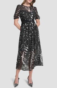 DKNY Shine Puff Sleeve Crinkle Chiffon Dress