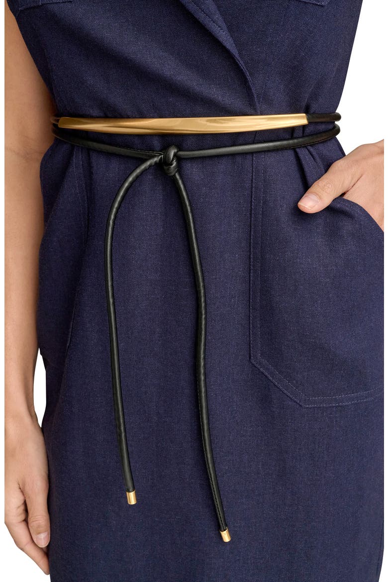 Belted Sleeveless Linen Blend Denim Dress, Alternate, color, INK