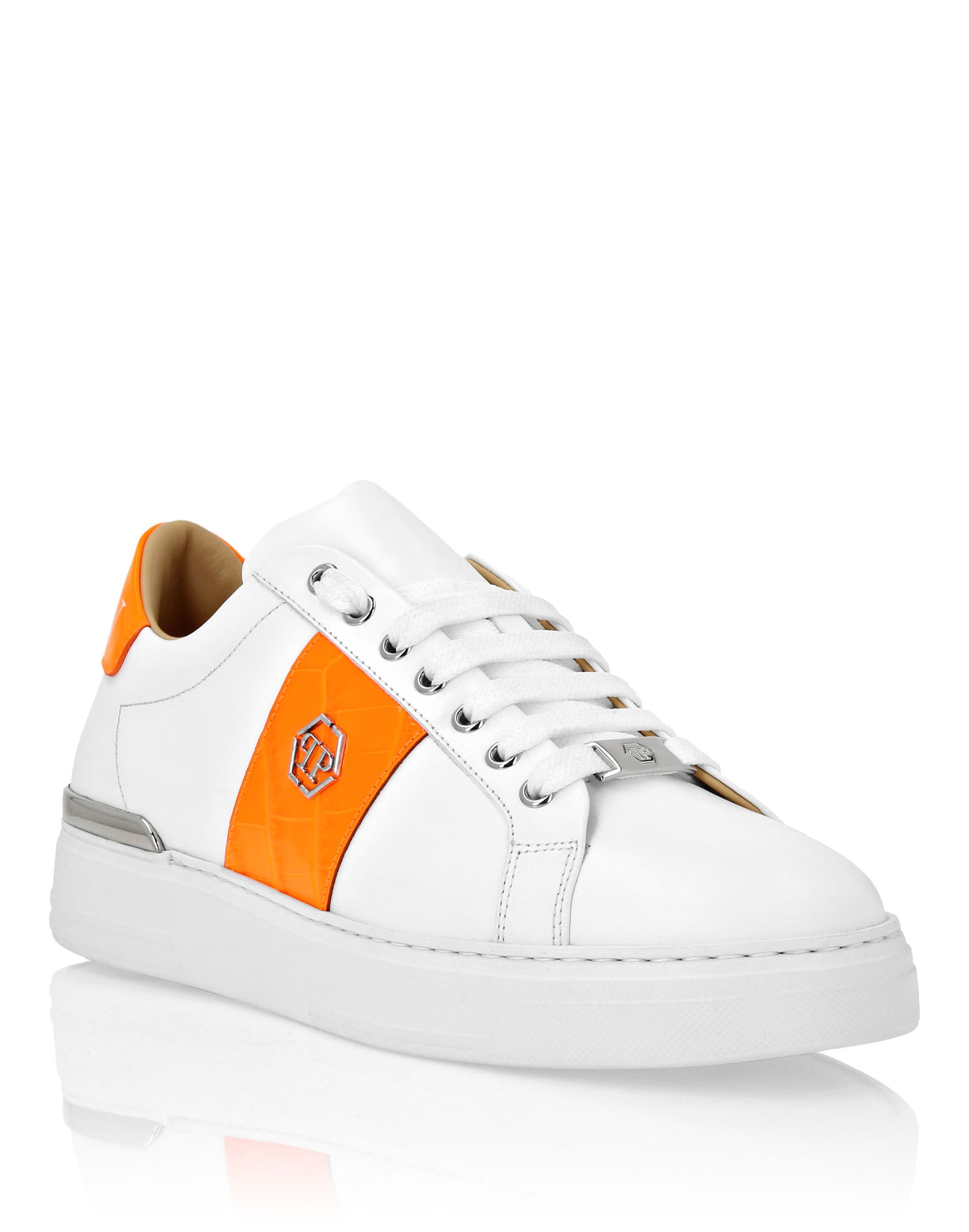 Mix Leather Lo-Top Sneakers Hexagon Unisex, Main, color, White/orangefluo