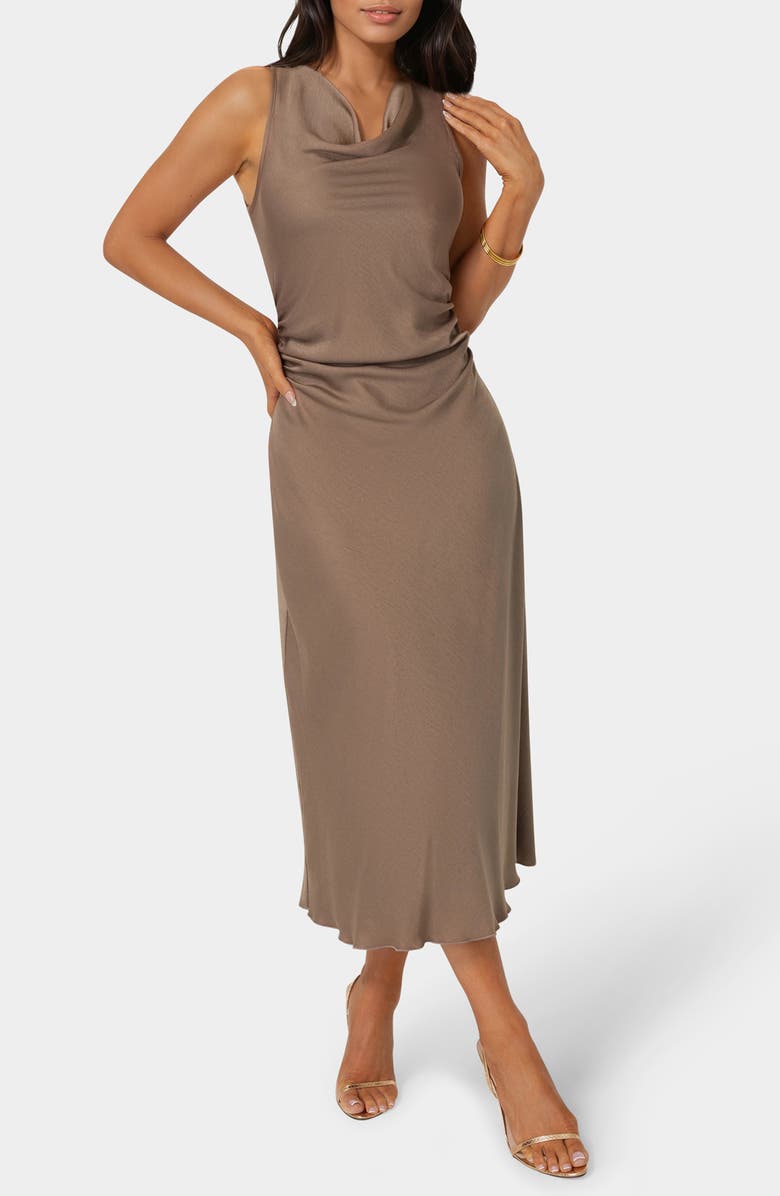 bebe Crepe Satin Cowl Neck Midi Dress, Main, color, Mocha