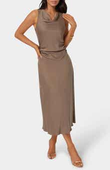 bebe Crepe Satin Cowl Neck Midi Dress