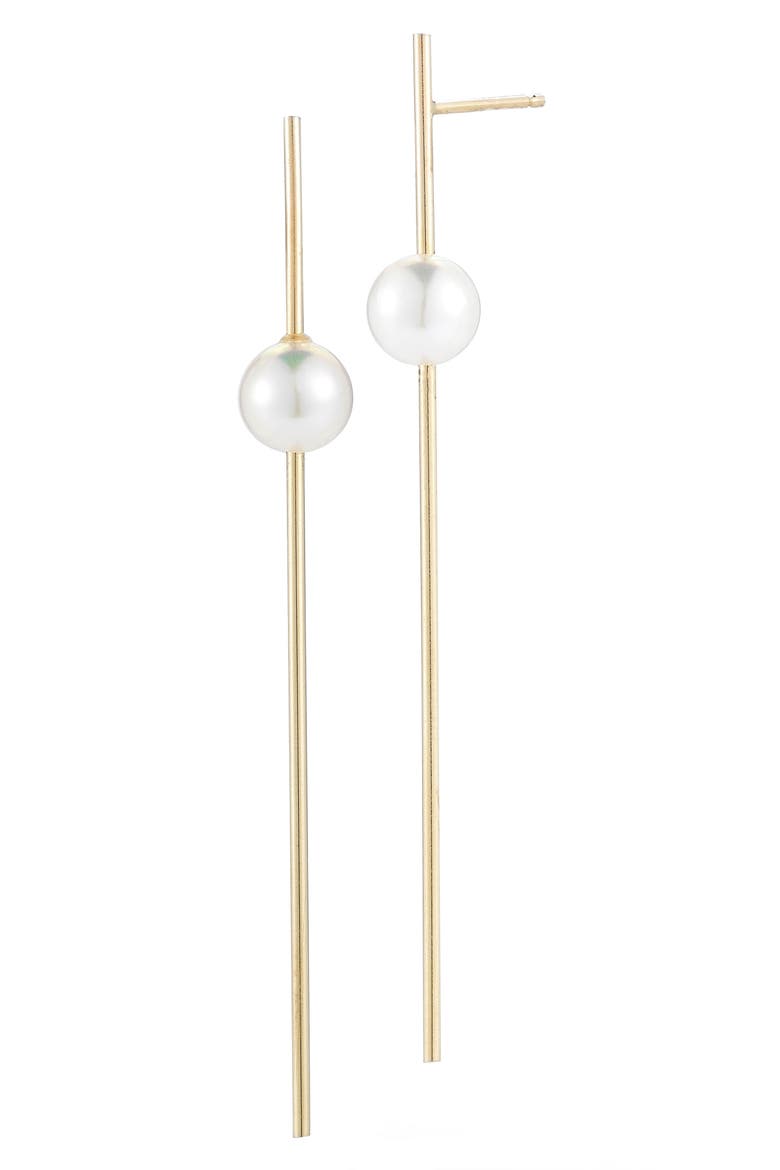 Sea of Beauty Linear Drop Pearl Earrings, Main, color, YELLOW GOLD/ WHITE PEARL