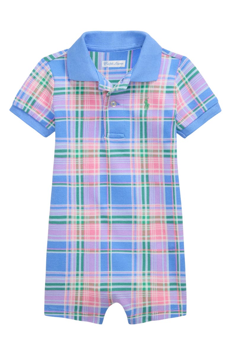 Ralph Lauren Plaid Cotton Piqué Polo Romper, Main, color, 