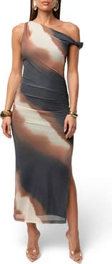 JLUXLABEL Karrah Abstract Print One-Shoulder Mesh Dress