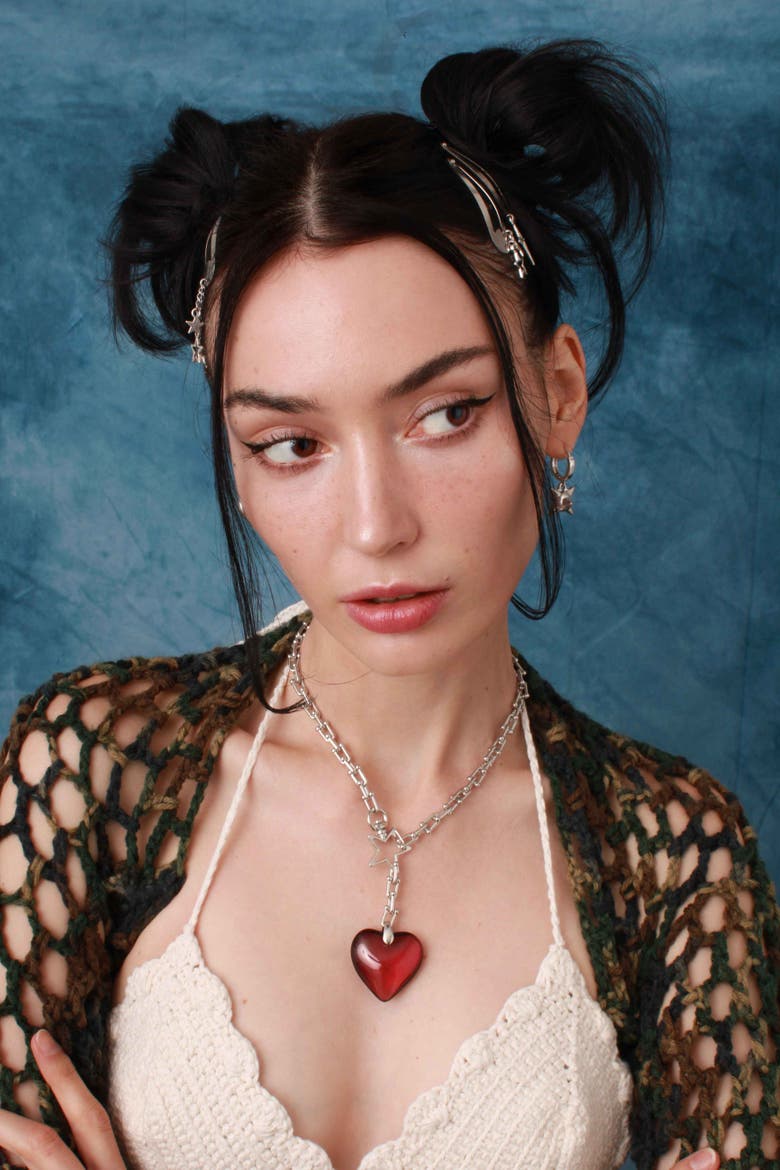 Steel Chain Necklace With Heart Charm, Alternate, color, Red