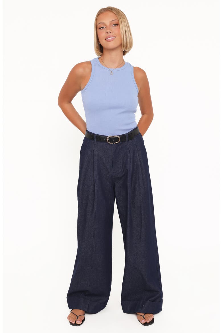 Elinor Cuffed Pleated Wide Leg Denim Pants, Alternate, color, DARK WASH