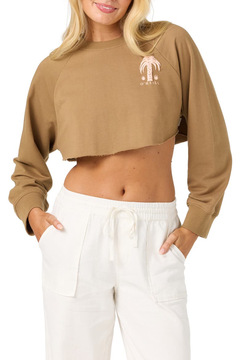 Palm Raw Edge Cropped Fleece Sweatshirt, Alternate, color, DARK KHAKI