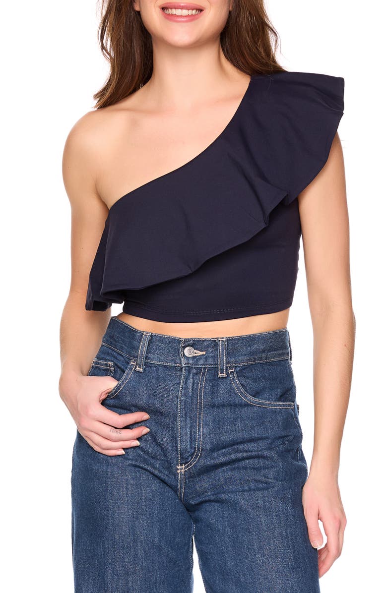Susana Monaco Flutter One-Shoulder Crop Top, Main, color, Midnight