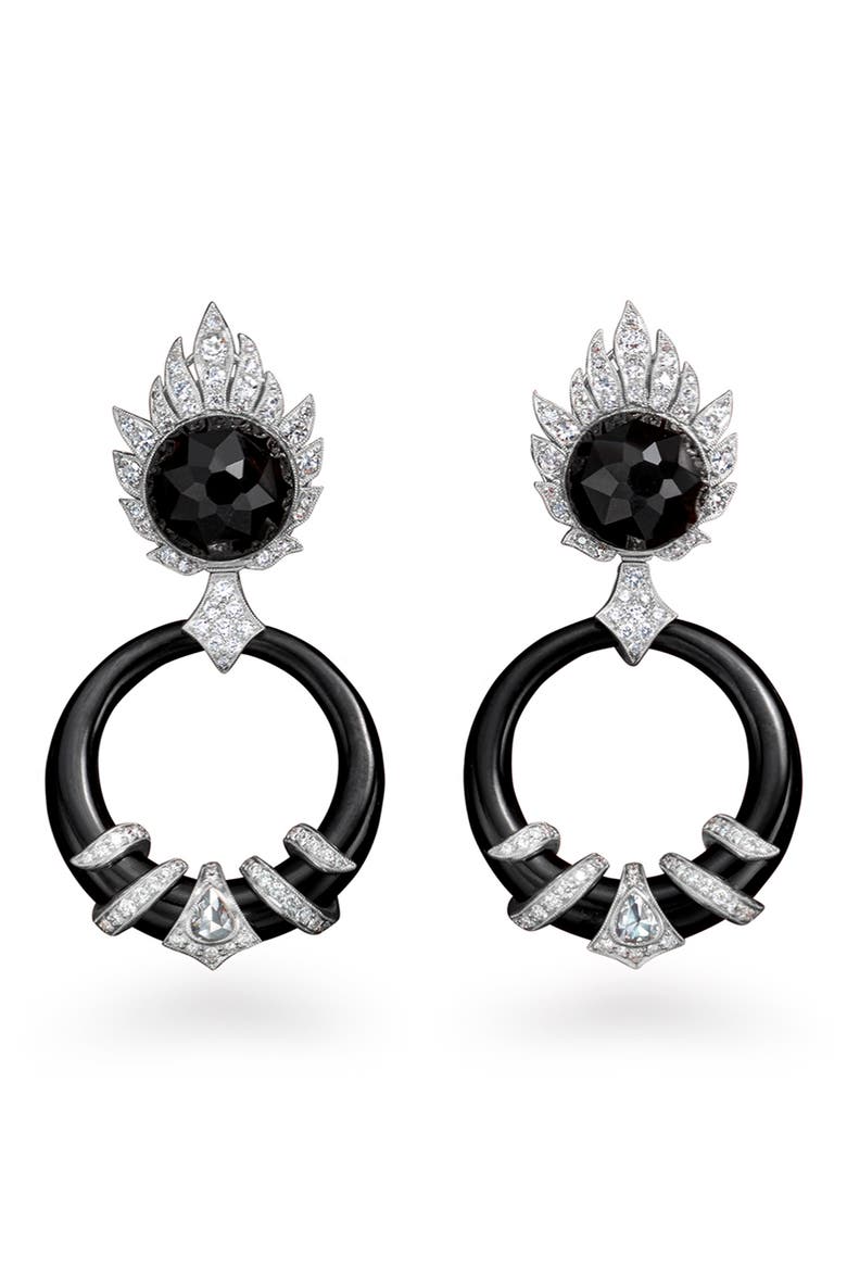 Onyx, Black Jade & Diamond Coil Doorknocker Earrings, Main, color, PLATINUM