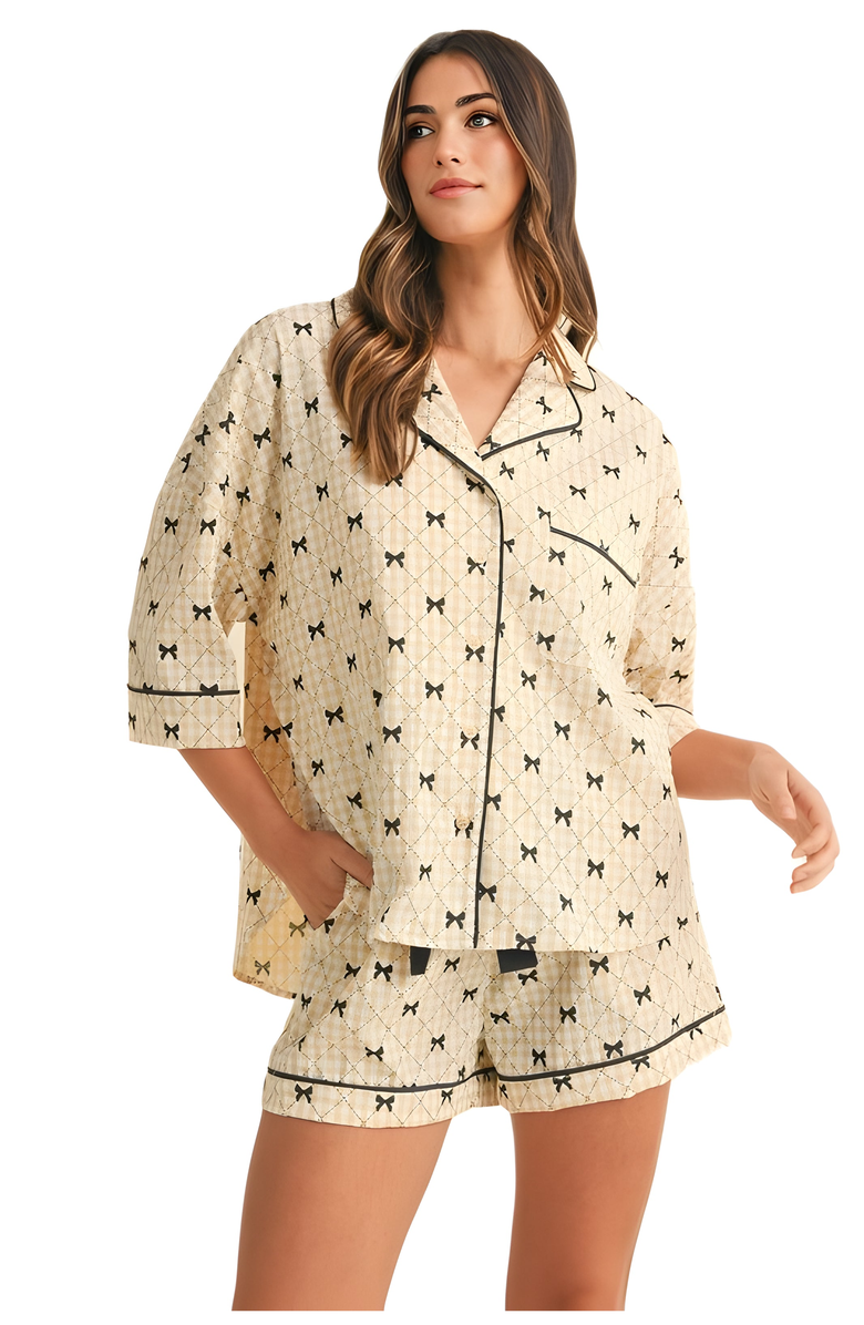 Knit and Lounge Satin Bow Print Pajama Set with Contrast Piping, Alternate, color, 