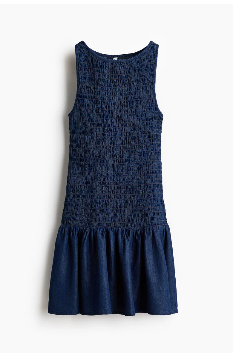 H&M Smocked Denim Dress, Main, color, Dark Denim Blue
