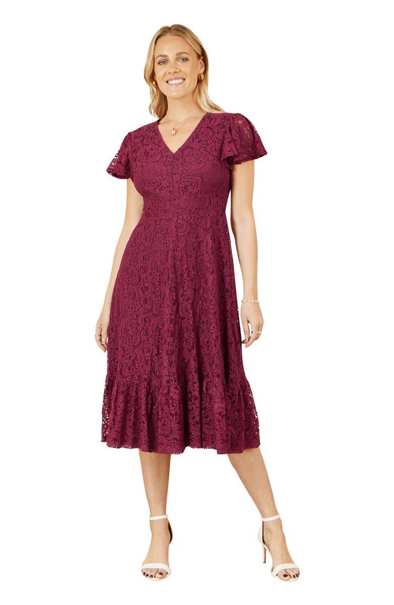 Yumi Short Sleeve Lace Midi Skater Dress, Main, color, Burgundy
