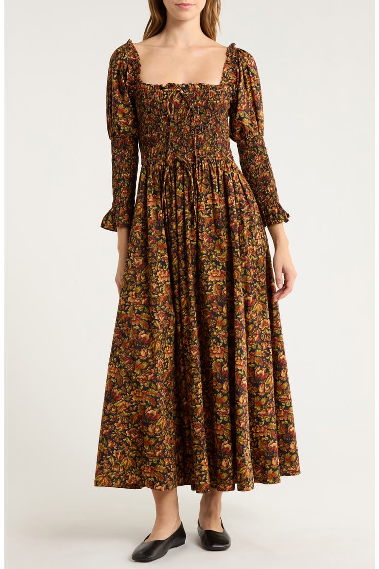Bijou Floral Midi Dress, Main, color, NOIR REVE DES JARDIN