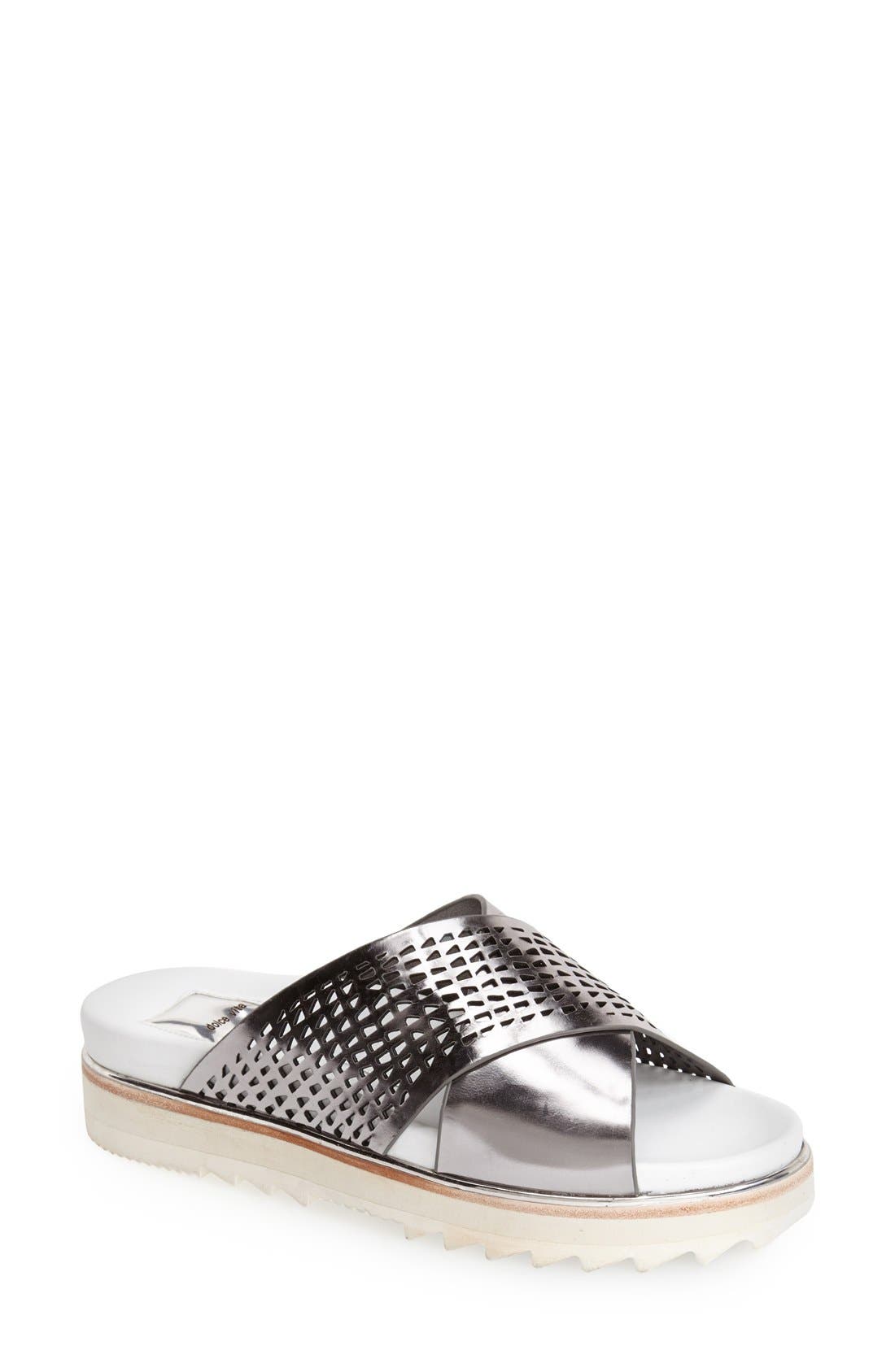 'Shaye' Perforated Leather Slide Sandal, Main, color, SILVER SPECCHIO