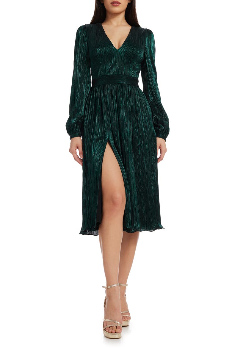 Holly Long Sleeve Metallic Plissé Dress, Main, color, DEEP EMERALD