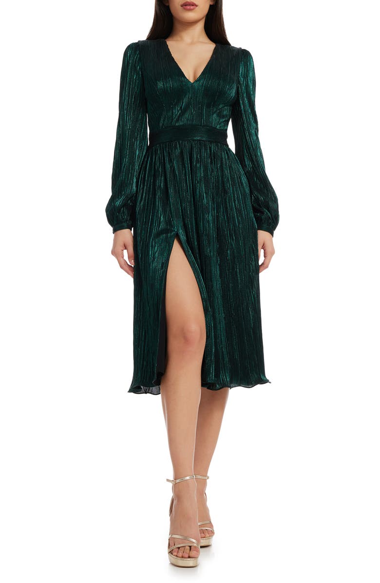 Dress the Population Holly Long Sleeve Metallic Plissé Dress, Main, color, Deep Emerald