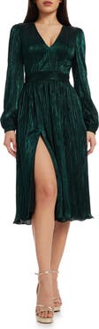Dress the Population Holly Long Sleeve Metallic Plissé Dress