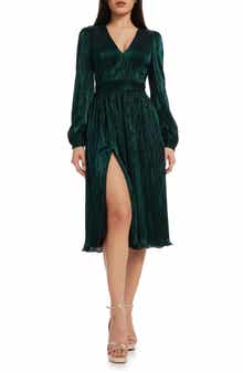 Dress the Population Holly Long Sleeve Metallic Plissé Dress