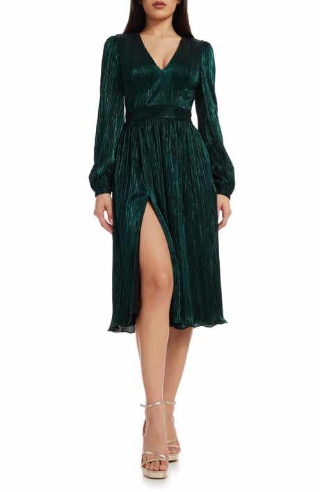 Dress the Population Holly Long Sleeve Metallic Plissé Dress