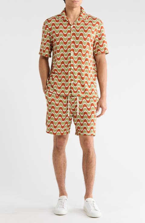 Relaxed Fit Wave Print Camp Shirt & Shorts Set
