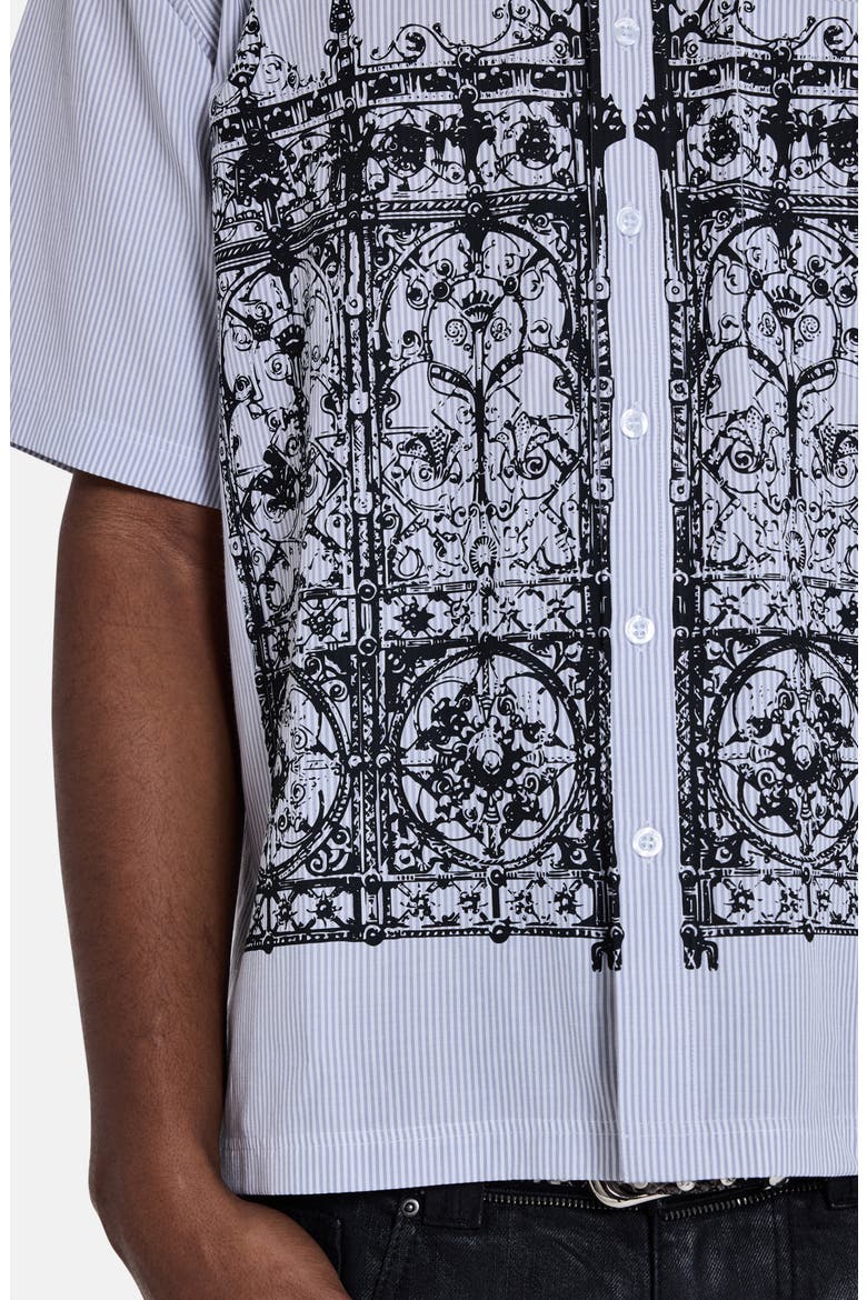 Overprinted Pinstripe Short Sleeve Graphic Button-Up Shirt, Alternate, color, GREY