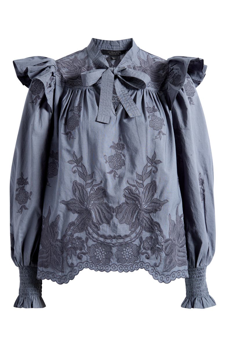 AllSaints Nisa Floral Embroidered Ruffle Top, Main, color, Steel Blue