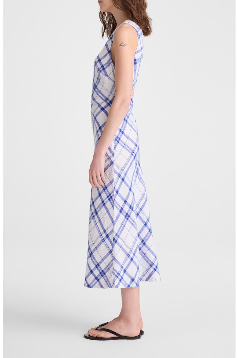 Ruched One-Shoulder Linen Midi Dress, Alternate, color, OVERSIZED BLUE WHITE PLAID
