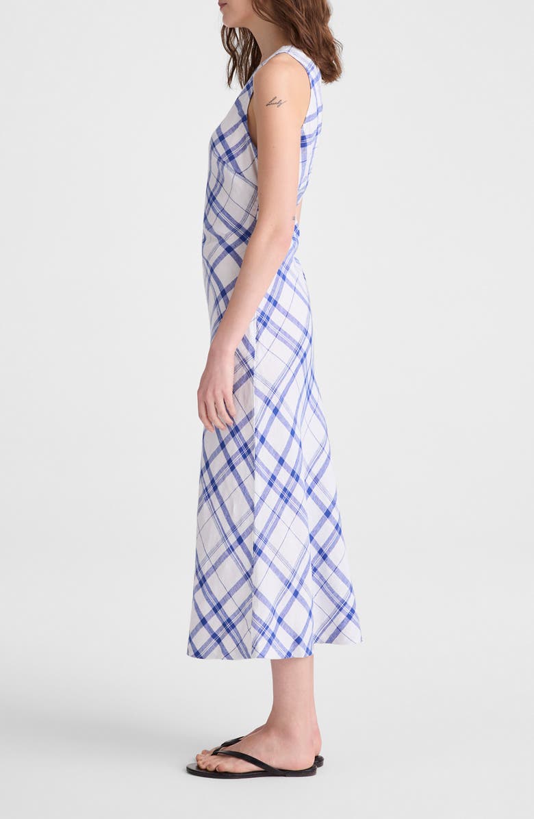 Madewell Ruched One-Shoulder Linen Midi Dress, Alternate, color, Oversized Blue White Plaid