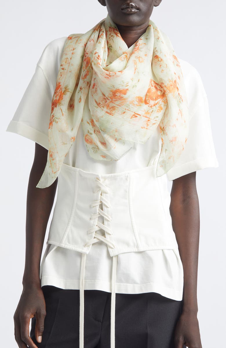 McQueen Floral & Skull Print Silk Scarf, Alternate, color, Acqua
