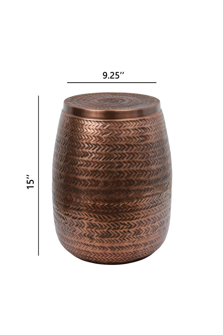 Jasper 15" Modern Rustic Arrow-Hammered Metal Drum Storage Side Table with Lid, Alternate, color, Antique Copper