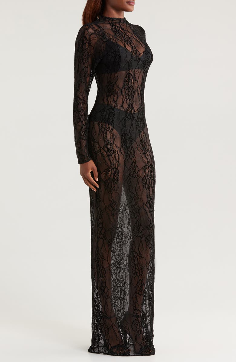 Good American Sheer Lace Long Sleeve Stretch Gown, Alternate, color, 