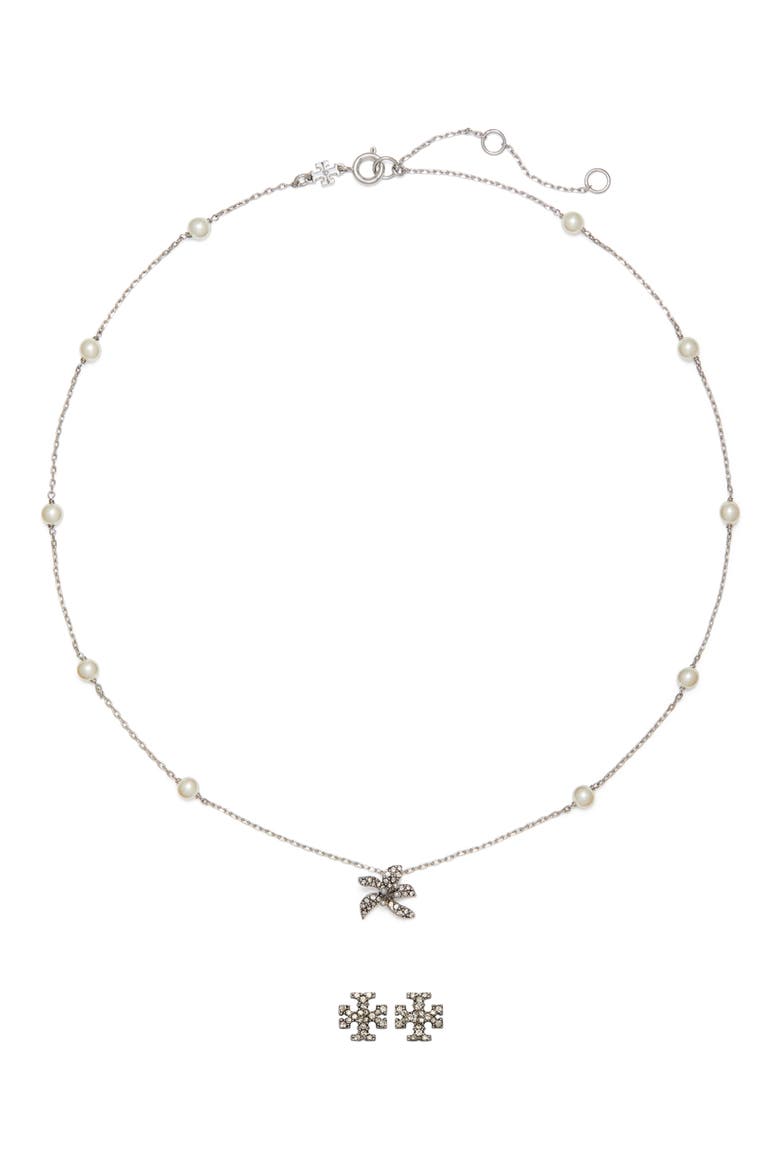 Moondance Pendant Necklace & Pavé Stud Earrings Gift Set, Main, color, TORY SILVER / PEARL