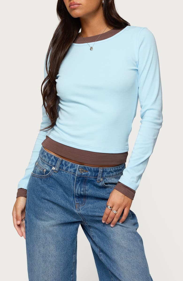 EDIKTED Layered Look Long Sleeve Stretch Cotton Top, Main, color, Light-Blue