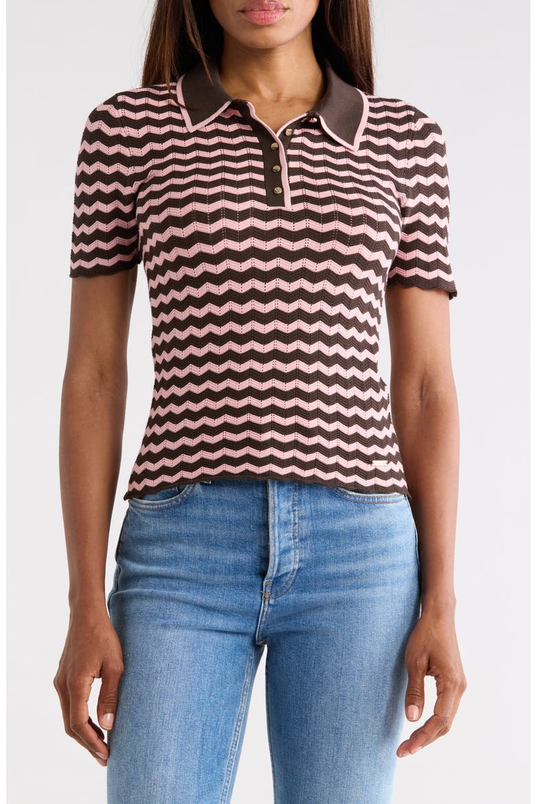 Chevron Stripe Polo Sweater, Main, color, NEW BROWN/ BOW PINK