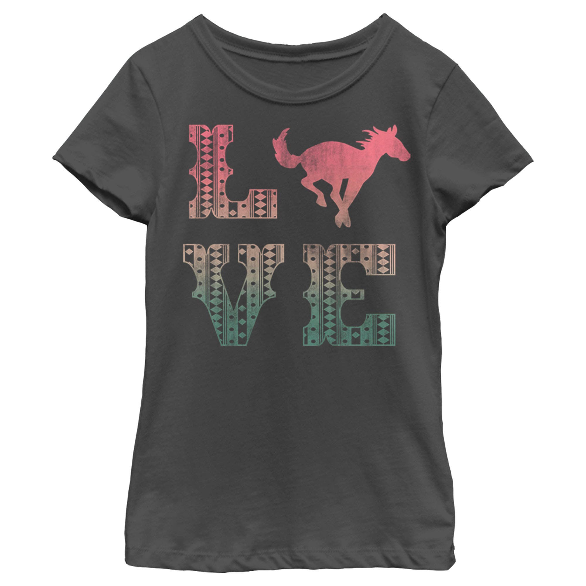 Girl's Lost Gods Horse Retro Love Text  Graphic T-Shirt in Black 