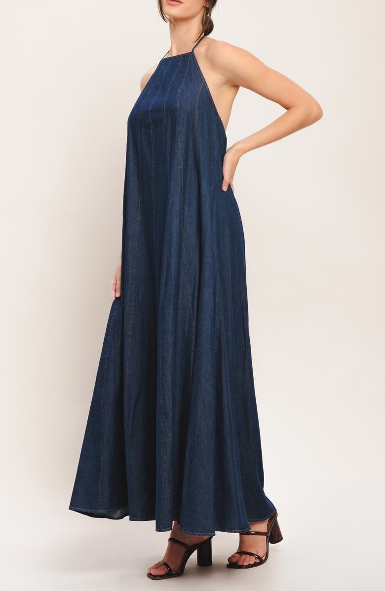 FLYING TOMATO Halter Denim Maxi Dress, Alternate, color, Dark Indigo