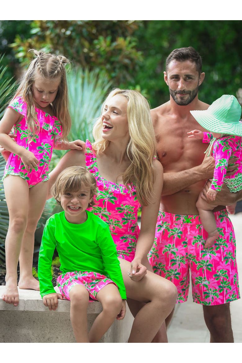 Baby Girls Tropical Long Sleeve UPF50+ One Piece Rash Guard, Alternate, color, Neon Palm Paradise