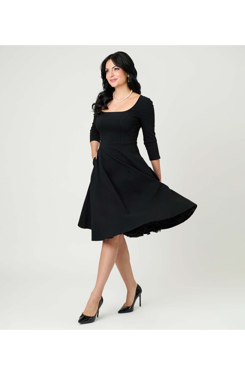 Unique Vintage Square Neck Pleated Swing Dress, Alternate, color, Onyx