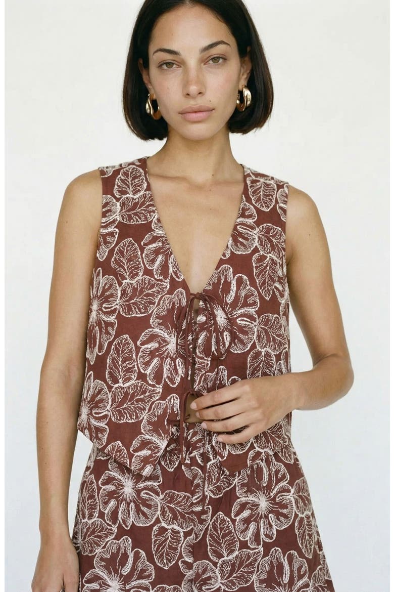 Millia Floral Embroidered Tie Front Top, Alternate, color, ANDORRA DETAILOATMEAL EMBROIDE