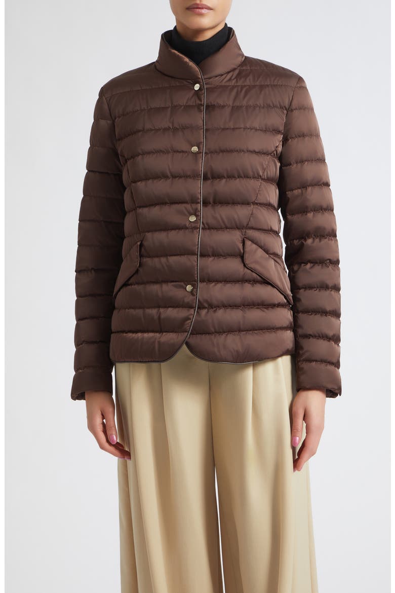 Sateen Quilted Down & Feather Blazer, Main, color, DARK BROWN