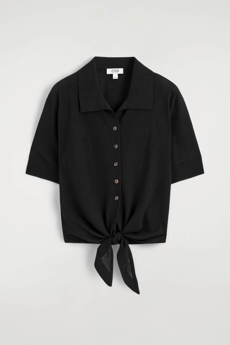 Tie-front Knitted Wool Shirt, Alternate, color, BLACK