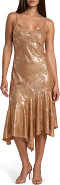 bebe Foil Shimmer Satin V-Neck Midi Dress