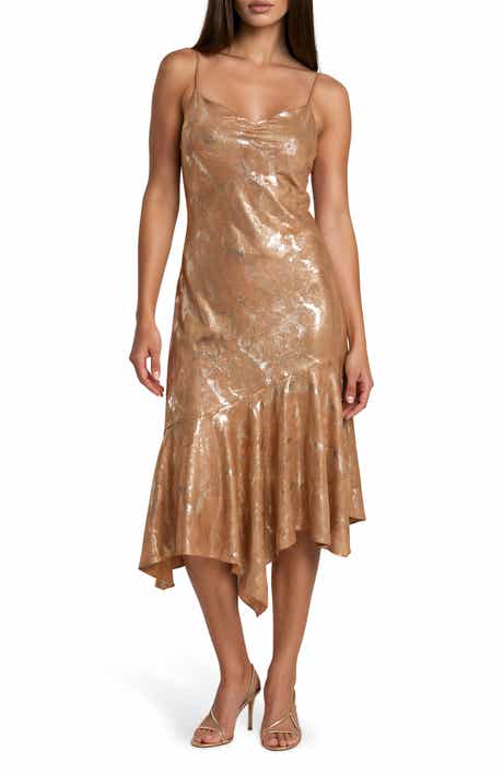 Foil Shimmer Satin V-Neck Midi Dress