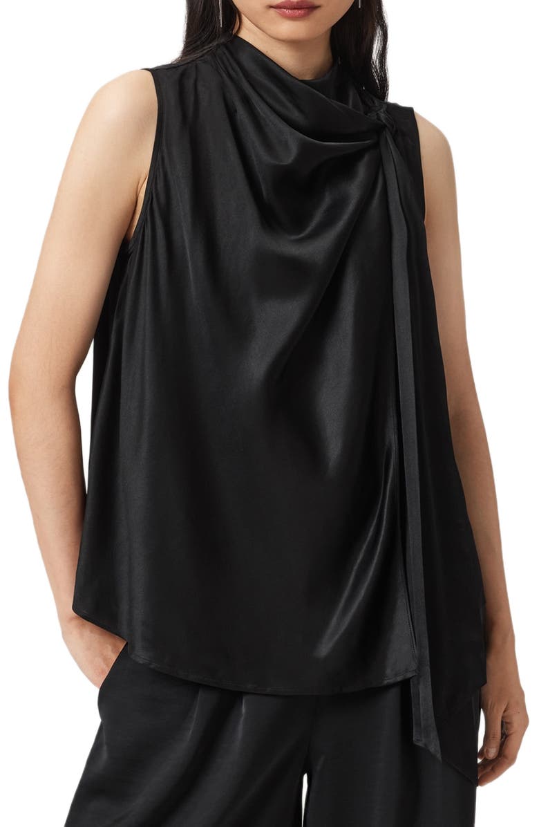 AllSaints Herela Tie Neck Sleeveless Satin Top, Main, color, Black